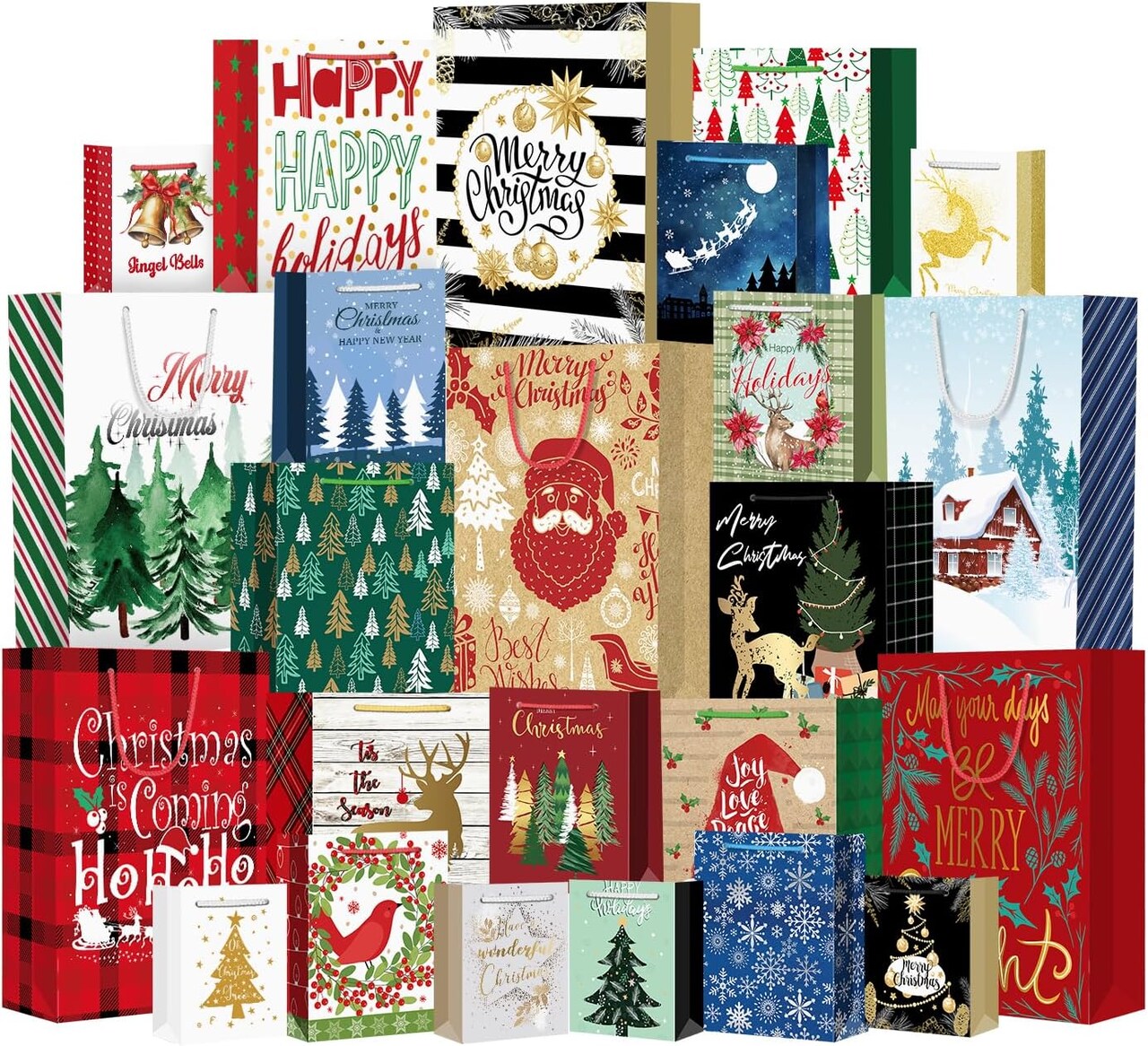 24Pack Christmas Gift Bags Assorted Sizes, Christmas Bags for Gifts Bulk, Christmas Paper Bags with Handle, Holiday Gift Bags for Christmas Presents Xmas Party(6 Jumbo,6 Large,6 Medium,6 Small)